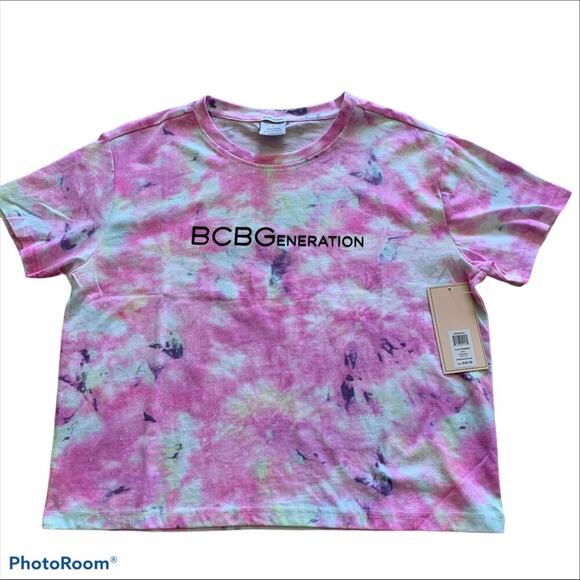 NEW BCBG Generation T-Shirt crop tie dye Tee Sz L pink boxy Y2K top - Picture 1 of 7
